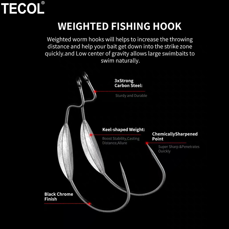 TECOL 3PCS 6/0 8/0 10/0 Weight - Fishing Hook Weedless のレビューと価格